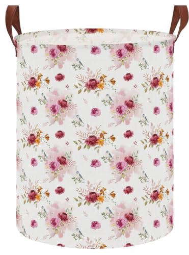 Image of 62L Vintage Rose Floral Laundry Hamper with Durable Leather Handle,Collapsible Storage Bin(Retro Pink Flowers）