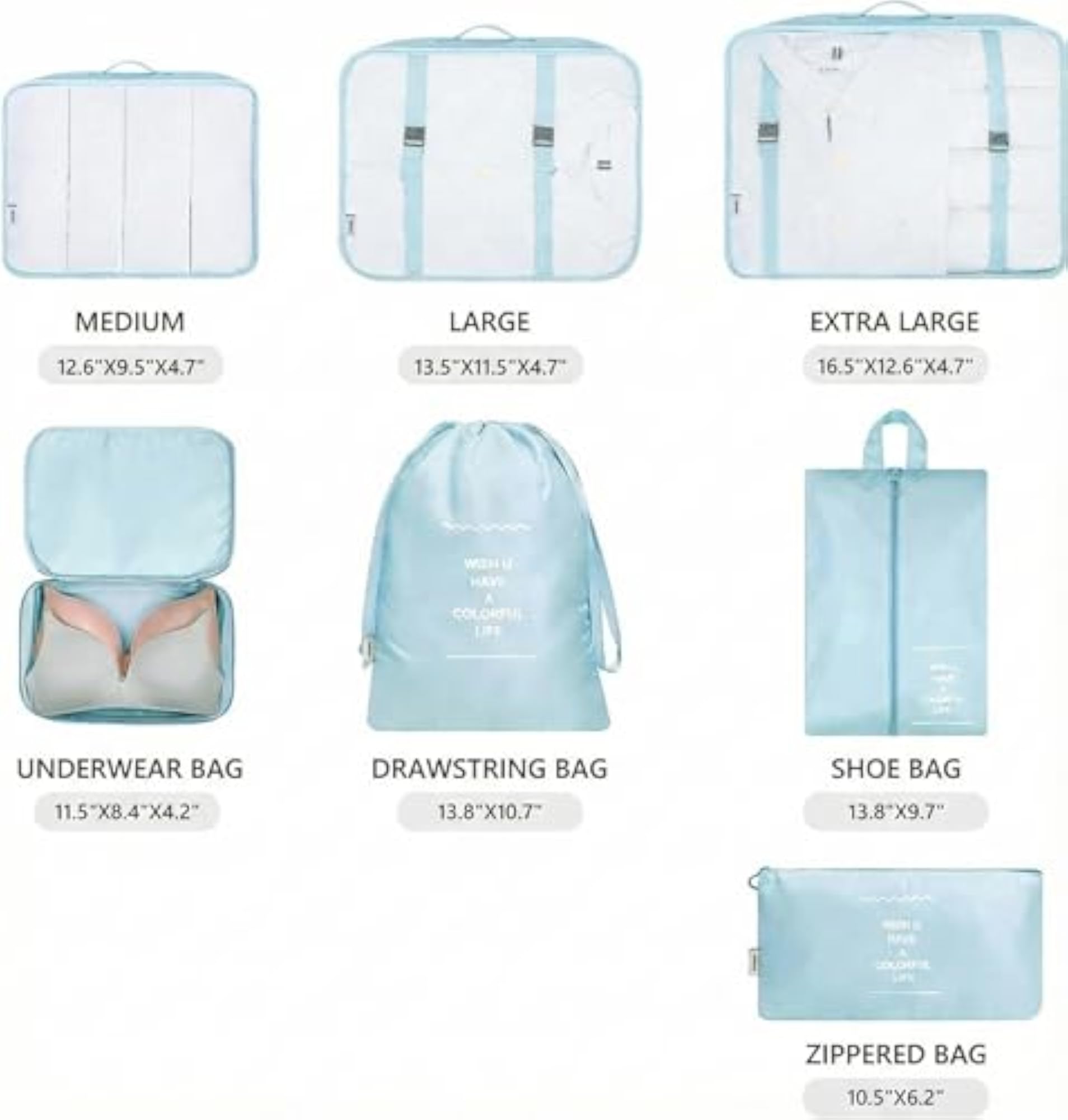 7 Piece Travel Packing Cubes Organizer Set with Shoe Bag
