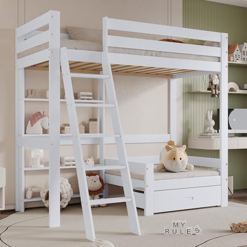 Litera con sofá y estantería, cama alta de madera maciza con escalera inclinada de 5 niveles, cajón debajo del sofá, con barandilla, marco de cama que ahorra espacio, sin colchón, blanco, 90 x 200 cm