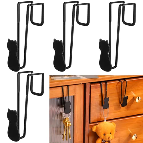Honeydak 4 Pcs Cat Over Cabinet Door Hooks Iron Over The Door Hooks for Hanging Black Decorative Cat Hanger for Kitchen Bathroom Cabinet Cupboard Drawer Wardrobe Office