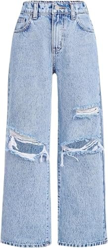 Baggy Jeans for Girls Ripped Jeans High Waisted Denim Pants Straight Wide Leg Distressed Washed Pants Y2K Streetwear 7-14Y