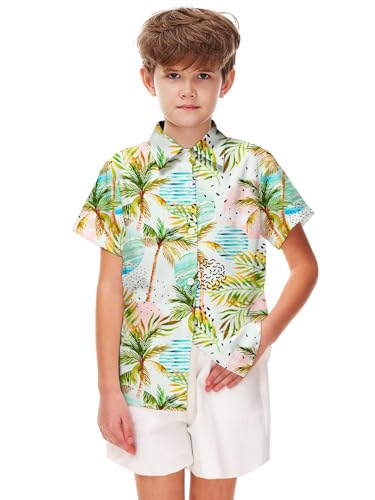 Image of Remimi Unisex Kids 4th of July Button Up Shirt Boys American Flag Print Hawaiian Beach Short Sleeve Tops 5-14 Years