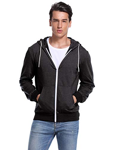 KUULEE Men's Casual Fit Long Sleeve Lightweight Zip Up Pullover Hoodie Sweatshirt with Kanga Pocket Dark Grey L