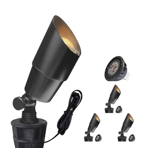 COLOER Brass Low Voltage Landscape Spotlight Fixture(Black) 4-Pack with Bulb,12V AC/DC Outdoor Spot Lights for Yard, Directional Garden Patio Spot Up Light(101B-Black)