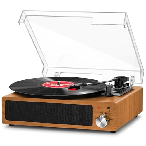 FYDEE Tocadiscos de Vinilo Vintage Bluetooth con 3 Velocidades (33/45/78 RPM), 2 Altavoces Estéreo Integrados, Salida para Auriculares de 3.5 mm, AUX, RCA - Madera Natural