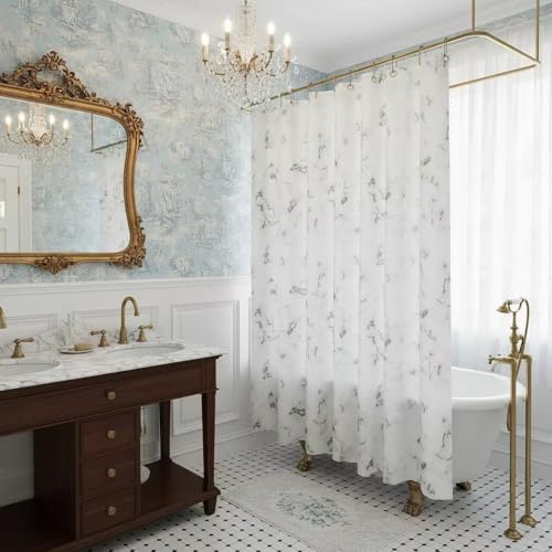 Midrodlle Shower Curtain 180W x 200H cm Waterproof & Mold-resistant for Home Bathroom Hotel Shower Curtain Set With 12 Hooks (White Marble)