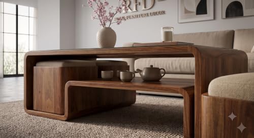 Image of Royal Furniture Decor Solid Wood Coffee Table with 4 Stools, 122x61 cm | Glass Top Surface, Built-in Lower Shelf, Upholstered Stools, Rounded Arch Design, Living Room Use