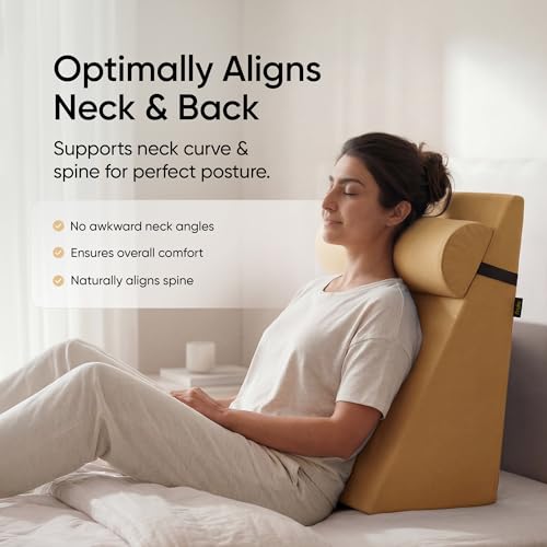 Image of Frido Wedge Plus Cushion with Neck Rest Pillow Combo | Dual Foam Wedge Cushion with Adjustable Roll | Back, Neck, Knee & Leg Support | for Post-Surgery, Pregnancy |Washable Covers, Mustard Yellow