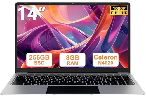 Ordenador portátil 14 Pulgadas N4020 hasta 2,8 GHz Portátil 8GB LPDDR4 RAM 256GB SSD Soporte 1TB SSD Expansión portatil 2.4G+5G WiFi BT4.2 USB, WiFi, Mini-HDMI, 1920*1080 IPS HD Pantalla-Plata