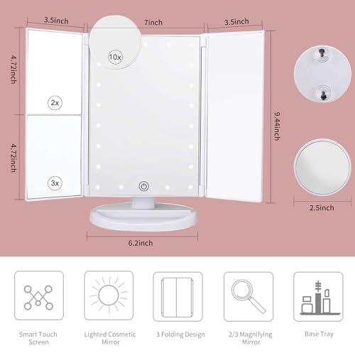 Image of SINZUX Vanity Cosmetic Mirror, 21 LED Lights, Touch Screen, Tri-Fold 2X 3X 10X Magnifying Mirror, 180Free Rotation, Dual Power Supply, White, 24L x 18W cm