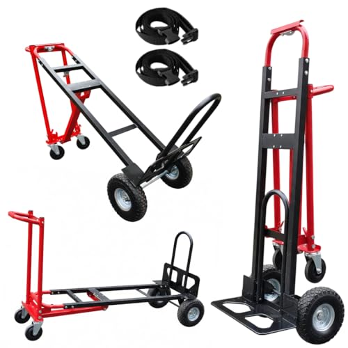Carro de mano convertible 3 en 1, camión de mano de aluminio, capacidad de 1000 libras, carretilla de mano resistente con ruedas de goma y 2 correas para moverse