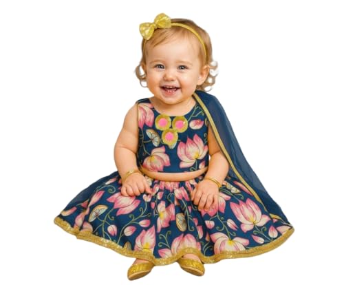 Image of A.T.U.N. (ALL THINGS UBER NICE) Baby Girls Cotton Ethnic Floral Lehenga Choli Set with Lace & Dupatta | Traditional 3-Piece Festive Outfit for Kids