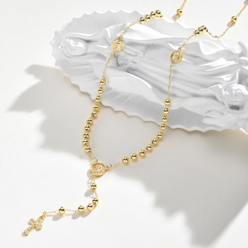 Gold Rosary Necklace for Women, 14k Gold Plated Virgin Mary Y Necklace - image 6