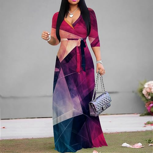 Image of PinkPatty Women's Plus Size Maxi Dresses Casual Flowy 3 /4 Sleeves Dress Printed Vacation Dress for Daily Wear with Belt