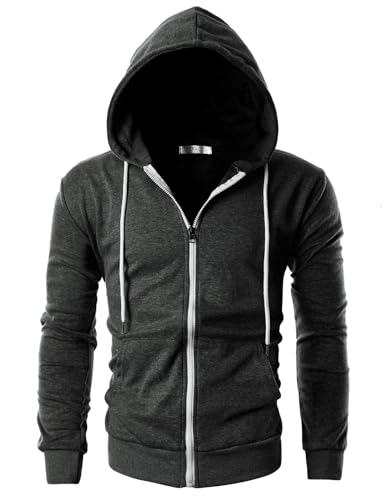 Ohoo 0326RN172 Mens Slim Fit Lightweight Zip Up Hoodie With Pockets Long Sleeve Full-Zip Hooded Sweatshirt/Dcf002-Charcoal-M thumb #1