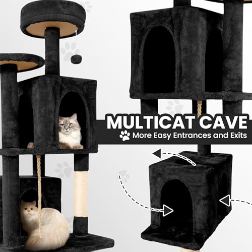 Image of 58.5inch Large Cat Tree Tower Condo for Indoor Cats, Soft Plush Multi-Level Climbing Tree Cat House with Cat Cave, Scratching Post, More Entrance /Exit, Sisal Rope, Night Black