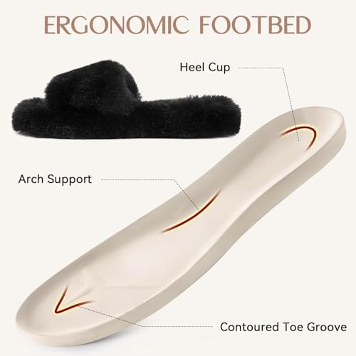Women’s Fluffy Faux Fur Slippers, Open Toe House Slides, Comfy Fuzzy Indoor Bedroom Shoes3