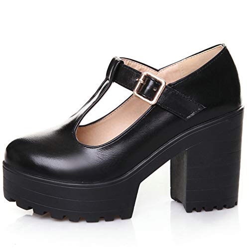 Parisuit Women's Mary Jane Goth Platform Pumps Chunky High Heels T Strap Dress Shoes2
