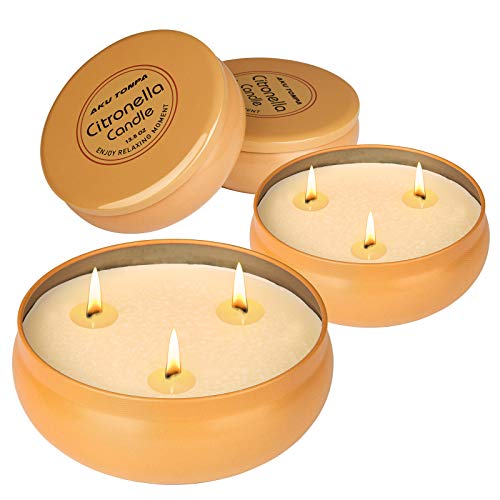 Aku Tonpa 4 x 13.5 Ounce Large Citronella Candles Outdoor and Indoor, 3-Wick Scented Candle Soy Wax Portable Travel Tin Gift Set