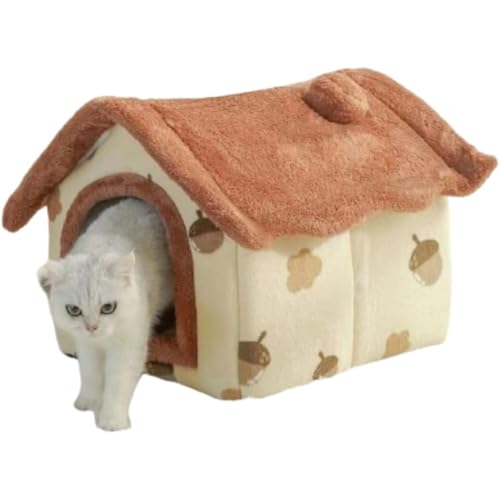Vlwm ペットハウス ドーム型 犬猫用ベッド 洗える ふわふわ 暖かい 折りたたみ式 猫用こたつ 寝袋 休憩所 遊び場 冬 暖かい 巣 取り外し可能 ペット用品 防寒対策 (L,栗)