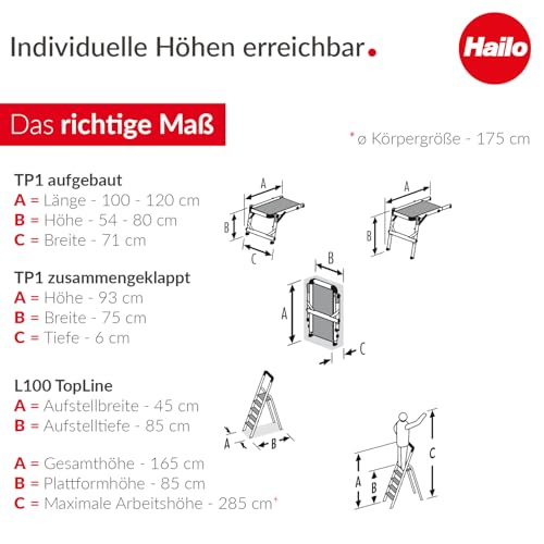 Hailo Stehleiter L100 Topline im Set mit TP1 Treppenpodest - klappbare Aluleiter mit 4 XXL-Sicherheits-Stufen - Arbeitsplattform mit stabilem Rahmen aus Aluminium - belastbar bis 150 kg