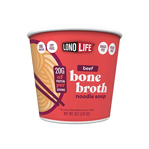 LonoLife Beef Bone Broth Noodle Soup Cups, Pack of 6 Cups, (2.47oz)