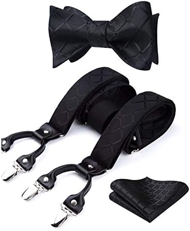 HISDERN Bow tie and Suspenders for Men Plaid Suspender Self Bowtie Pocket Square Adjustable Y Shape Mens Trouser Braces