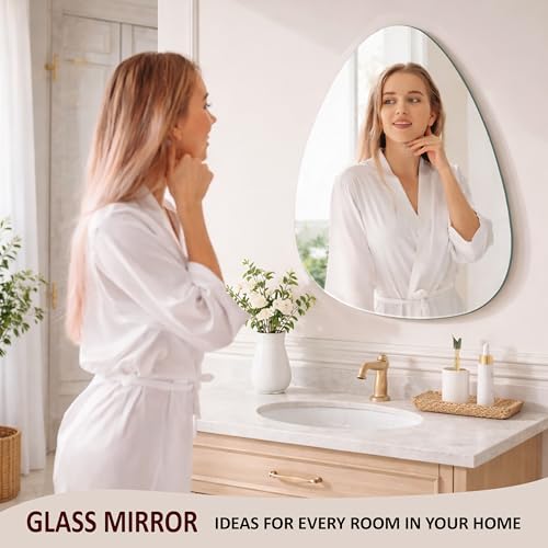 Image of Rousrie Frameless Wall Mirror for Bathroom, Glass, Modern, Clear, Rectangle, 60 x 45 Centimeters, Wall Mount (1, Wavy)