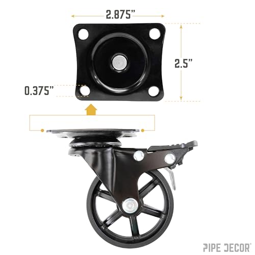PIPE DECOR Rodas Giratórias Montadas (Pacote com 4), Rodízios Montáveis para Móveis de Madeira com M