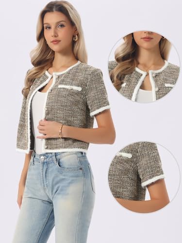 Image of Allegra K Short Sleeve Tweed Jacket for Women Summer Crew Neck Button Front Cropped Cardigan