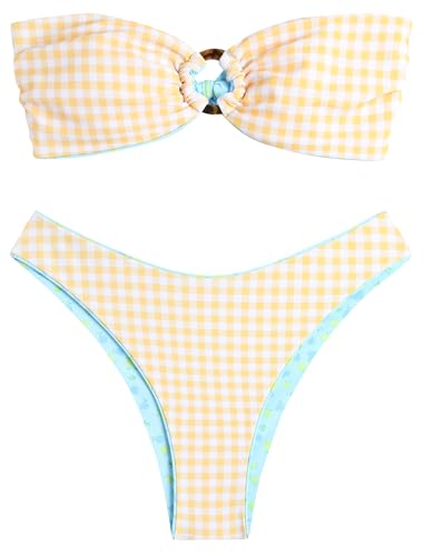 Image of ZAFUL Women's Bandeau Bikini O Ring Strapless Tie Back High Cut Two Piece Swimsuit Bathing Suits