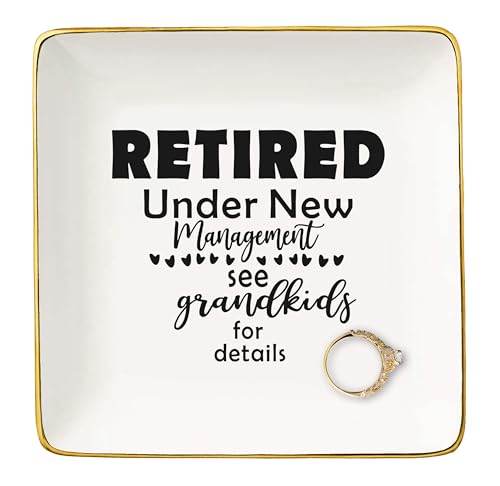 Retired Under New Management - Happy Retirement Gift - Funny Colleagues Goodbye Leaving Gifts for Coworkers Boss Leader Teacher - Appreciate Christmas Jewelry Tray Trinket Holder Ring Dish
