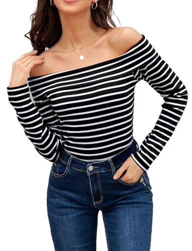 LA BAIESO Striped Off The Shoulder Tops for Women Spring Fall Long Sleeve Knit Shirts Slim Fit Sexy Boat Neck Y2K Blouses