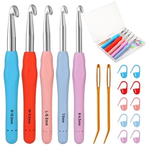 Mayboos 5 Sizes Crochet Hook Set, Large Crochet Hooks Yarn Needle Kits Knitting Needles with Ergonomic Handles for Crocheters Beginners