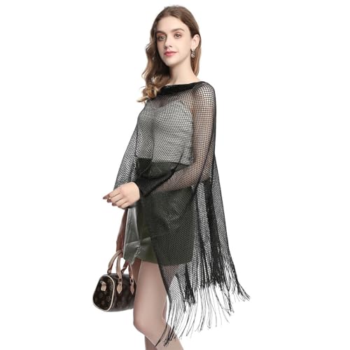 Women's Knit Shawl Wrap Metallic Fringe Poncho Sheer Fishnet Cape Top Soft Long Loose Swing Summer Beach Capelet3