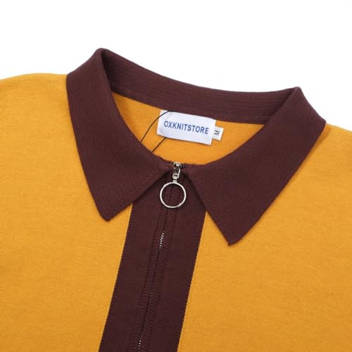 OXKNIT Men's Knit Polo Shirts Full Zip 1960s Style Retro Long Sleeve Cotton Yellow Cardigan Sweater3