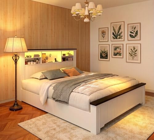 EnHomee Full Size Bed Frame with Storage Headboard and 4 Drawers,Charging Port & LED,No Box Spring...