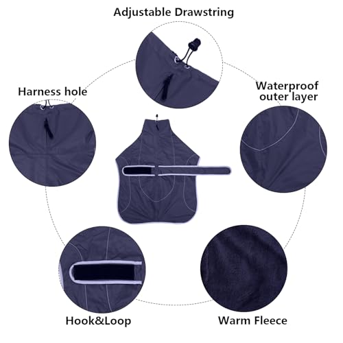MOREZI Windhund-Wintermantel, Whippet-Mantel mit gepolstertem Fleece-Futter, Wasserabweisende Hundejacke mit verstellbaren Bändern und reflektierenden Elementen-Navy-M
