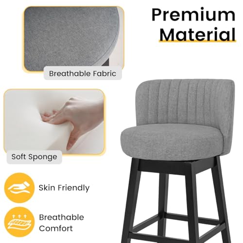 Image of COCO DESIGN Swivel Bar Stools Set of 2, 24 inch Counter Height Mid Century Modern Barstools with Back, Linen Upholstered Seat and Solid Wood Legs, for Bar Kitchen Island, Smoke Gray
