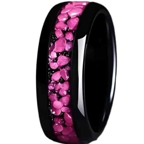 8mm Stainless Steel Black Pink Shining Flower Style Wedding Band Ring