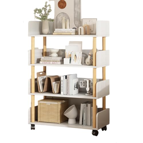 オープンラック ラック 収納ラック 木製収納棚 本棚 キャスター付き 4段 大容量 移動しやすい 省スペース 組立簡単 収納ラック ファイルワゴン 卓上収納 デスク整理 書類 漫画 絵本 雑誌 可移動本棚 (車輪付きモデル ホワイト 60×20×110cm