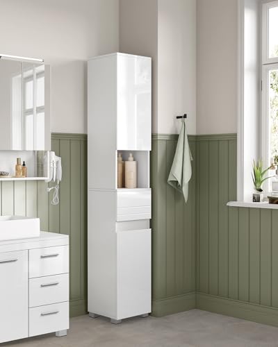 VASAGLE Tall Bathroom Cabinet Slim Storage Cabinet Narrow Cupboard Bathroom Storage Unit with a Drawer Adjustable Shelves 30 x 30 x 170 cm White BBC560P31