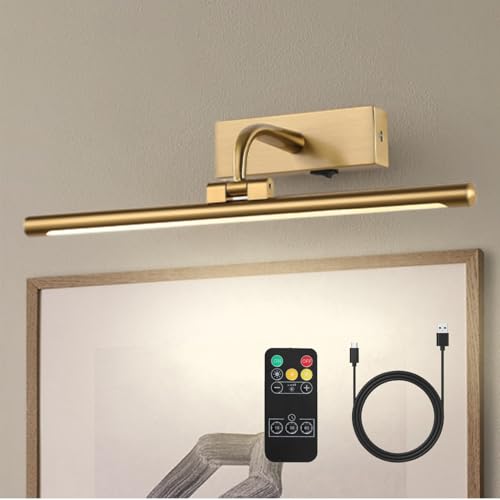 DLCL Battery Operated Picture Light with Remote and Timer, 15.94in Wireless Gallery Lights Brass 3CCT Rechargeable Art Lights for Paintings, Dimmable Wall Lights for Picture Display
