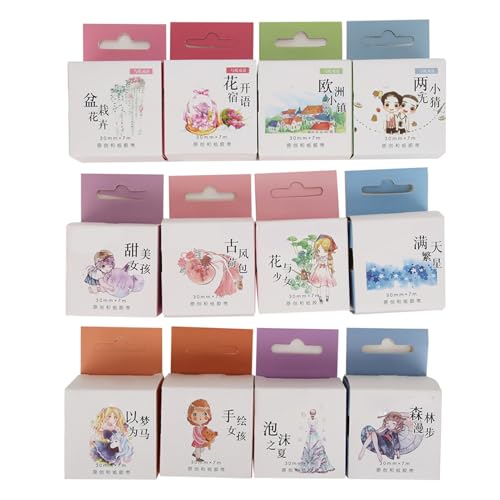 Cloimei Washi Tape Adhesivo decorativo Cinta artesanal reutilizable DIY para diario Scrapbooking 30 mm de ancho 7 m de largo 12 diseños Colores vibrantes Papel no seguro Vidrio Plá