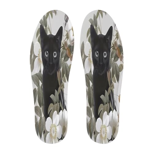 花 黒猫 ネコ柄 猫柄 インソール 靴 クッション 中敷き 低反発 軽量 通気性 汗を吸収する 柔らかい 快適 大きいサイズ 摩擦防止 洗える スポーツシューズ バスケットボールシューズ サッカーシューズ用 普段は 四季を通じて 男女兼用