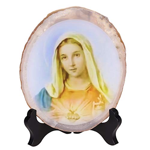 Rockcloud Virgin Mary Agate Slab Display with Wooden Stand Irregular Shape Agate Slice Stone Home Office Desk Ornament, 3.9"-4.7"