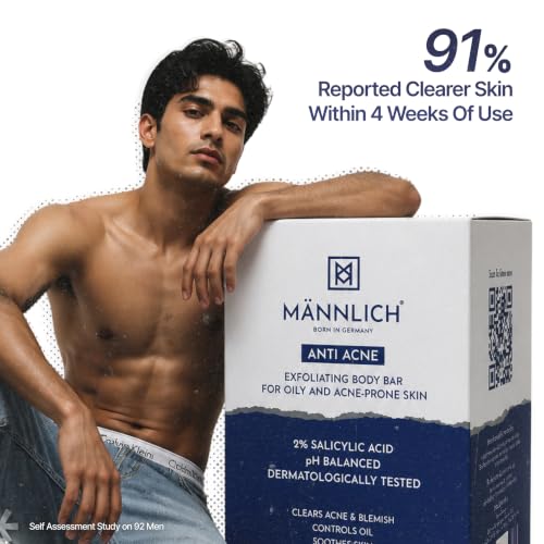 Image of Mannlich Anti-Acne Soap | Controls Excess Sebum | Handmade Body & Face Soap for Acne-Prone and Oily Skin | 2% Salicylic Acid, 2% Niacinamide & 2% Tea Tree Oil | Brightens Skin, Fades Dark Spots | Prevents Body Acne | pH Balanced, SLS Free, Dermatologically Tested | 75 g (Pack of 6)