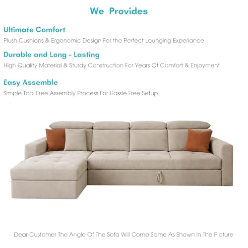 Image of Casaliving Gagnon LHS 6 Seater L Shape Corner Sofa Cum Bed for Living Room (Cream Fabric) Premium Fabric Sofa