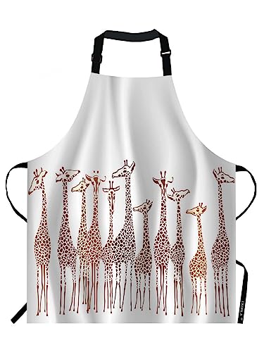 a kitchen apron printed with a group of giraffes, with an adjustable neck strap