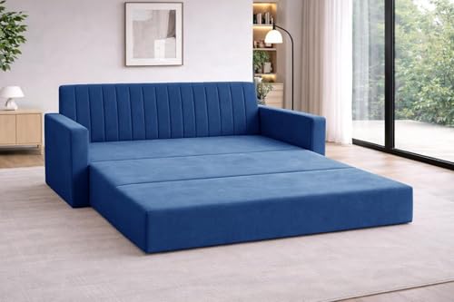 Image of Rosebell Sofa-Cum-Bed | Foldable Three-in-One Convertible Couch with Armrest | Modern Fabric Sofa for Living Room, Bedroom & Office-Blue-Color
